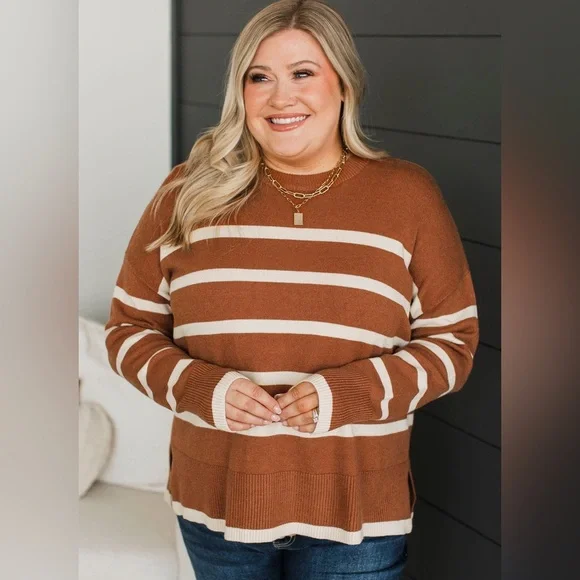 Burnt Orange Cream Striped Soft Knit Lightweight Sweater, Relaxed Fit, Medium